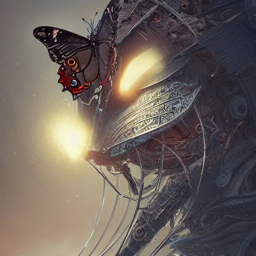 Prompt: close up of a mechanical butterfly, fantasy, intricate, elegant, highly detailed, digital painting, artstation, concept art, smooth, sharp focus, illustration, by greg rutkowski