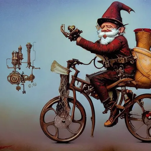 Image similar to Graffiti Spraypaint A gnome gnome riding a steampunk automaton clockwork golem golem jim lambie michael cheval norman rockwell greg rutkowski alberto sughi tombow