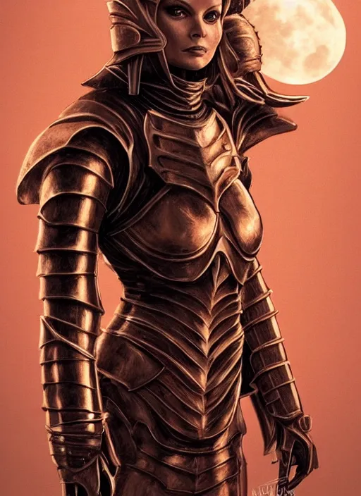 Image similar to elegant female knight in copper colored plate armor who looks like michelle pfeiffer, moonlight in the background, trending on artstation, soft lighting, HD, sharp focus, intricate, masterpiece, concept art, character design