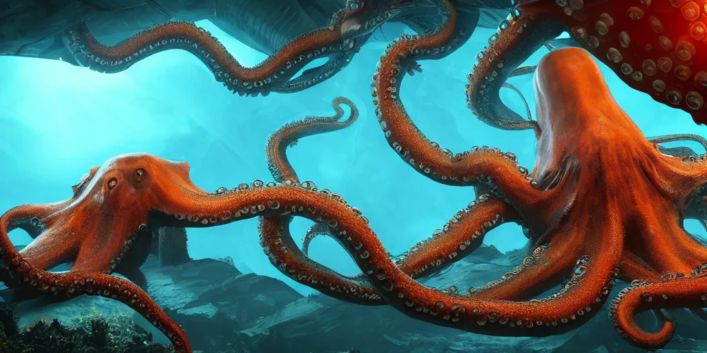 Image similar to underwater enviroment with a giant octopus boss creature with tentacles , unreal 5, hyperrealistic, realistic, photorealistic, dynamic lighting, highly detailed, cinematic landscape, studio landscape, studio lighting