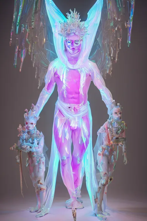 Image similar to full-body rococo and cyberpunk delicate neon crystalline sculpture of ((young muscular albino prince Sean Mendez)) as an iridescent humanoid deity wearing a thin see-through ((plastic hooded cloak)) (holding a human skull) in a white castle dungeon, reclining con (((las piernas abiertas))), glowing pink face, crown of (pink lasers), large blue diamonds, swirling black silk fabric. futuristic elements. oozing glowing liquid, full-length view. space robots. intricate artwork by caravaggio. Trending on artstation, octane render, cinematic lighting from the right, hyper realism, octane render, 8k, depth of field, 3D