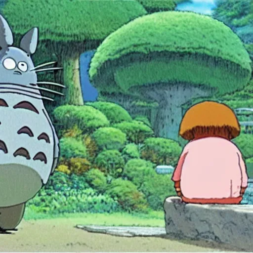 Image similar to a beautiful scene of two machine learning engineers discovering an amazing new algorithm, from studio ghibli's my neighbour totoro