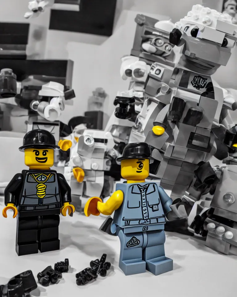Prompt: lego robocop arresting obese legos