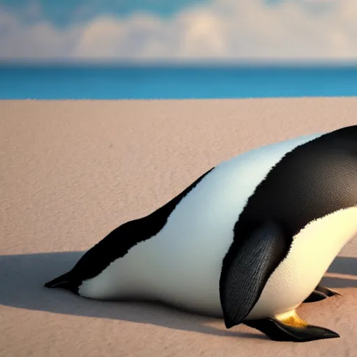 Prompt: a penguin sunbathing on a warm beach, hyper realistic, relaxing, unreal engine