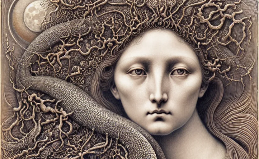 Image similar to detailed realistic beautiful moon goddess face portrait by jean delville, gustave dore, iris van herpen and marco mazzoni, art forms of nature by ernst haeckel, art nouveau, symbolist, visionary, gothic, neo - gothic, pre - raphaelite, fractal lace, intricate alien botanicals, ai biodiversity, surreality, hyperdetailed ultrasharp octane render