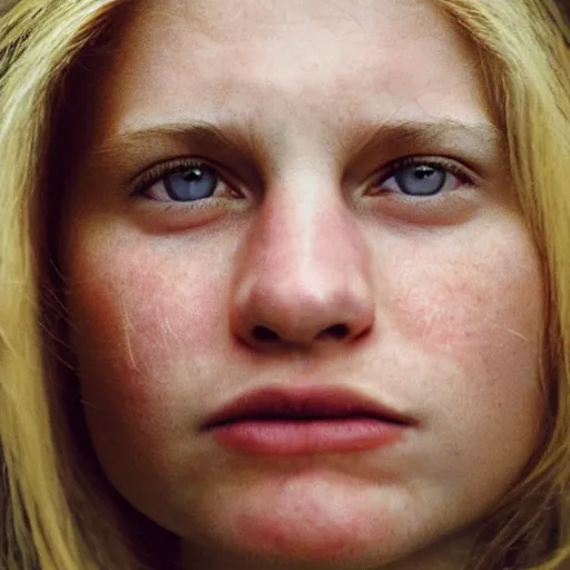 Image similar to a candid extreme closeup portrait of an expressive face of a really moved young woman by annie leibovitz