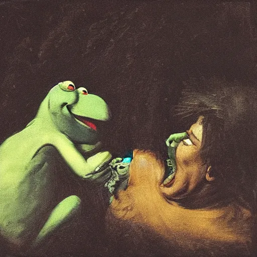 Prompt: “Kermit the Frog Devouring His Son” by Francisco Goya, in the style of “Saturn Devouring His Son”, fresco, horror