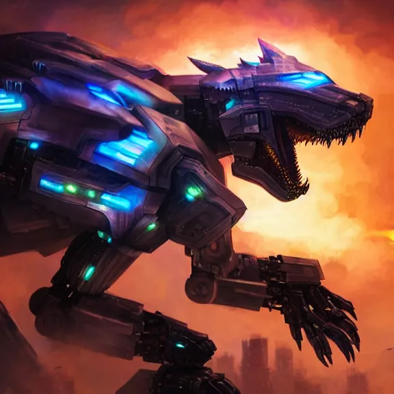 Image similar to hyper realistic, epic, highly detailed cinematic full body shot of a feral mecha canine, sharp claws, sleek armor, glowing visor, destroying city, digital art, furry art, dragon art, zoids art, furaffinity, deviantart, sofurry