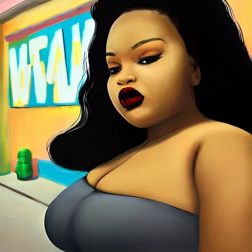 Image similar to stunning, coherent, beautiful painting, still of black bbw woman in wal-mart, follow shot, 3d, in the style of pixar, comic book style, 3d, highly detailed, highly detailed, sharp focus, bokeh, depth of field, 16k resolution, Unreal Engine 5, coherent, cinematic lighting, photorealistic, by Zhang Jingna