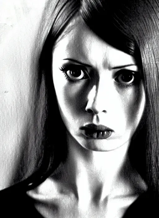 Image similar to 1973 film still from an Italian arthouse drama film of a bemused young Karen Gillan as the goddess of black leather staring deep into your soul. focused on her eyes. ultra detailed painting at 16K resolution and amazingly epic visuals. epically beautiful image. amazing effect, image looks gorgeously crisp as far as it's visual fidelity goes, absolutely outstanding. vivid clarity. ultra. iridescent. mind-breaking. mega-beautiful pencil shadowing. beautiful face. Ultra High Definition. godly shading. amazingly crisp sharpness. photorealistic film cel processed twice..