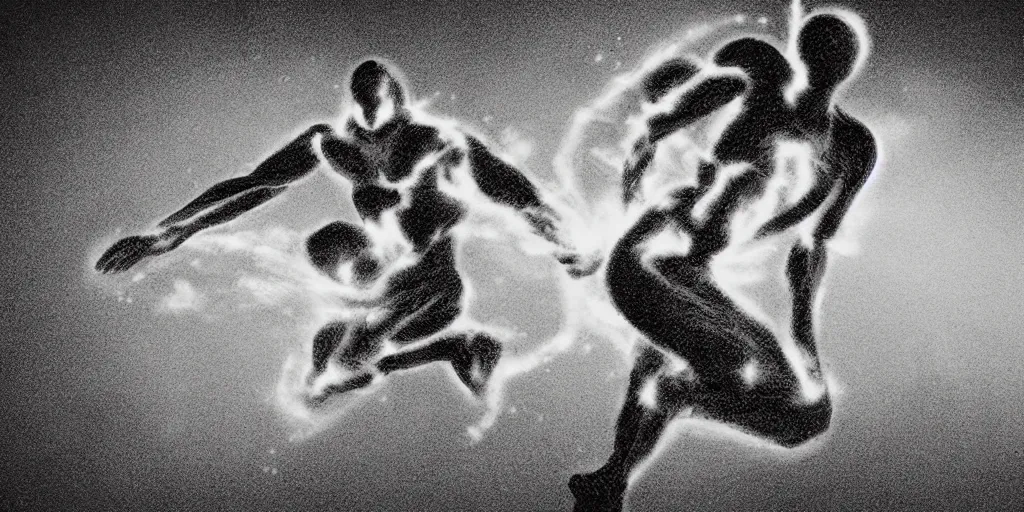 Image similar to a simple black and white pencil storyboard sketch of a giant humanoid athletic sleek futuristic humanoid android powering up as small floating particles swirl around it, lines of energy