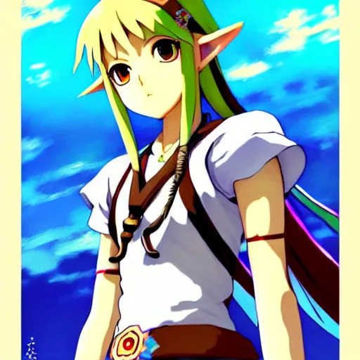 Image similar to a beautiful! young feminine link from botw, wearing japanese catholic school girl outfit with mayan pattern and native style, aztec street fashion, guilty gear art direction, perfect anime face, gapmoe yandere grimdark, trending on pixiv fanbox, painted by greg rutkowski makoto shinkai takashi takeuchi studio ghibli, akihiko yoshida