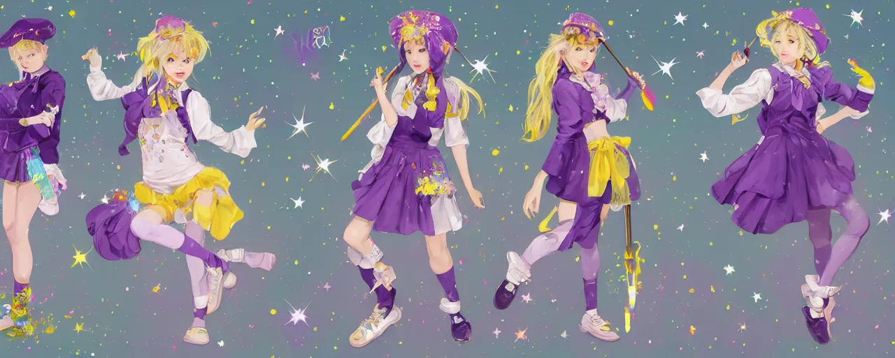Prompt: A character sheet of a cute magical girl holding a paintbrush with short blond hair and freckles wearing an oversized purple Beret, Purple overall shorts, jester shoes, flowing golden scarf, and white leggings covered in stars. Rainbow accents on outfit. Concept Art painting. By WLOP. By Alex Ross. By Artgerm. By Alphonse Mucha. Decora. harajuku street fashion. Cosplay. E-Girl. Kawaii Design. Intricate. Highly Detailed.