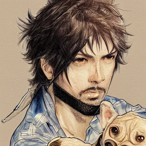 Prompt: self portrait, young white hispanic handsome man with short light brown hair and light skin and a 5 o clock shadow and holding a pug while fighting against 2 swordsmen pencil art, added detail, high definiton, colored, backfacing, illustrated by yoji shinkawa