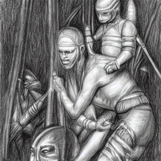 Prompt: mummy touches head of warrior, in jungle, pencil drawing