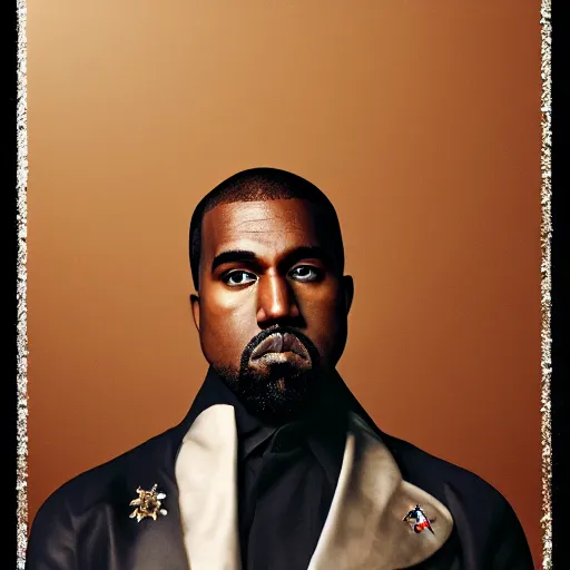 Image similar to Portrait of Kanye West as emperor napoleon, splash art, cinematic lighting, dramatic, octane render, long lens, shallow depth of field, bokeh, anamorphic lens flare, 8k, hyper detailed, 35mm film grain