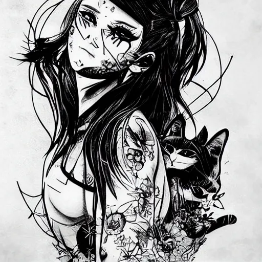 Image similar to tattoo design, stencil, portrait of a post apocalyptic japanese girl, artgerm, cat girl