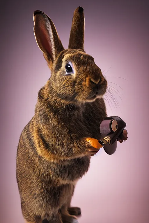 Image similar to portrait of a half cherokee half rabbit smoking a pipe, dramatic lighting, studio photo, realistic