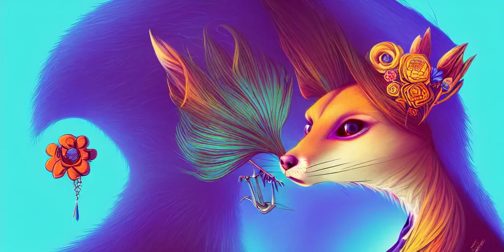 Prompt: curved perspective, extreme narrow, extreme fisheye, digital art of an hallucinogenic female embalmed marten animal wearing jewlery with blonde hairstyle with blue flower in hair by anton fadeev from nightmare before christmas