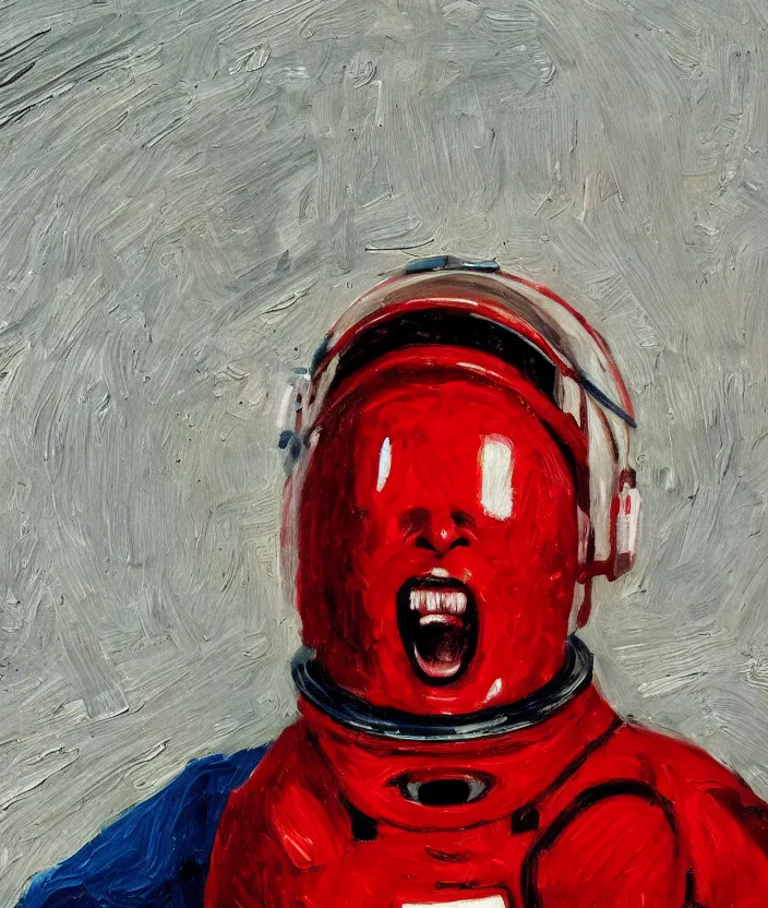 Image similar to a close up portrait painting of a man in a red astronaut suit, screaming and sad, highly detailed, face close up, aesthetic stars in the background, in the style of edward hopper, fine brush strokes, 4 k,