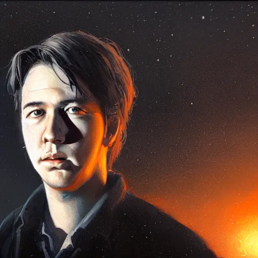 Image similar to closeup portrait of a young bill hicks, dramatic lighting, city background, night, moon, chiaroscuro, high detail, painted by greg rutkowski, painted by igor kieryluk, painted by bobby chiu, trending on artstation