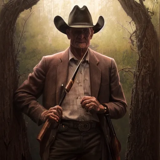 Prompt: portrait painting of woodrow harrelson, with a cowboy hat and bloody golf club, ultra realistic, concept art, intricate details, eerie, highly detailed, photorealistic, octane render, 8 k, unreal engine. art by artgerm and greg rutkowski and alphonse mucha
