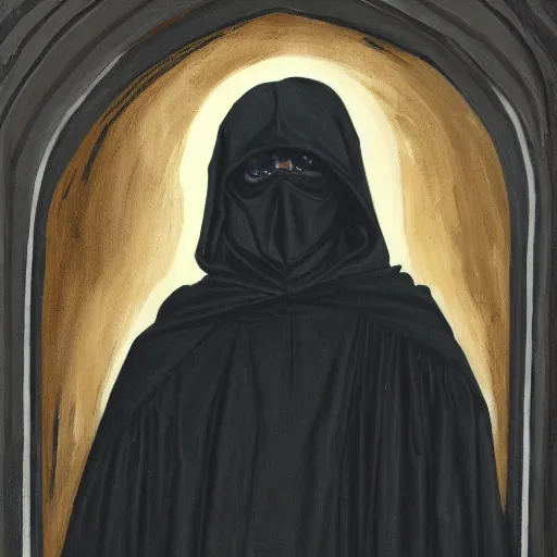 Image similar to A painting of a figure in a black hooded cloak, with a hidden face and a dark aura, in a gothic style.