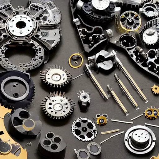 Prompt: knolling cogs and machine parts and a robotic beetle dissected