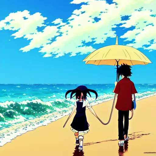 Image similar to anime girl and boy walking together on the Beach, Rain, umbrella, by makoto shinkai, Studio Ghibli, anime wallpaper, flat colors