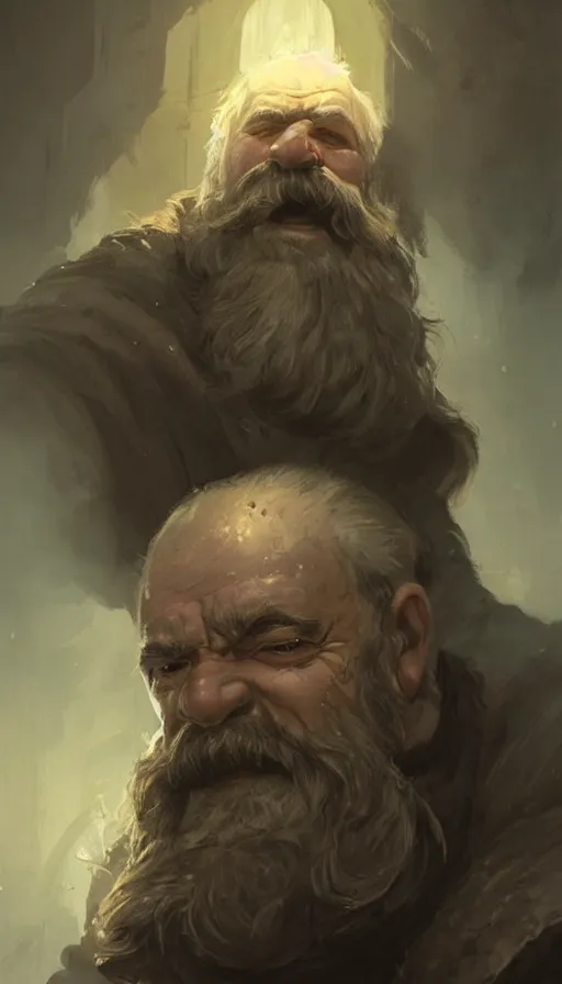 Prompt: Portrait of an old fantasy dwarf with a large moustache, male, detailed face, fantasy, highly detailed, cinematic lighting, digital art painting by greg rutkowski