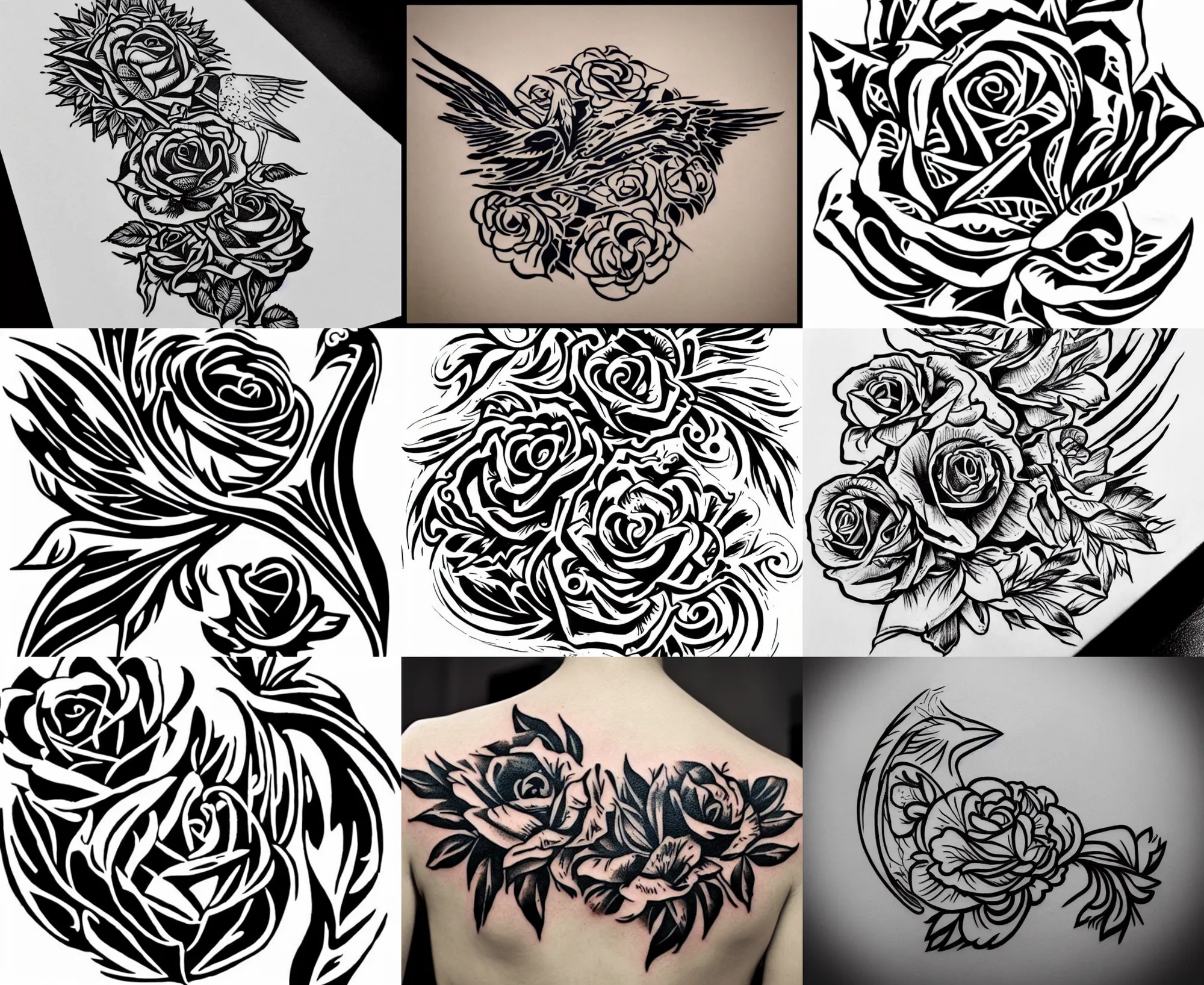 Image similar to Tattoo Stencil stylized crow rose Raven, bold strong lines very highly aesthetic