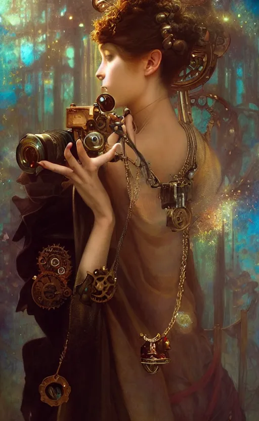 Prompt: hyper realistic photographer taking a picture, magical, gems, jewels, gold, steampunk, cyberpunk utopia, painted by tom bagshaw, mucha, gaston bussiere, craig mullins, j. c. leyendecker 8 k
