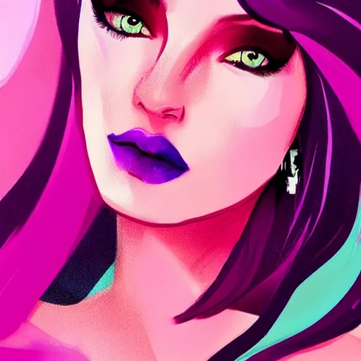 Prompt: a stunning upper body portrait of a beautiful woman with ombre hairstyle in purple and pink blowing in the wind by marvel comics, digital art, trending on artstation