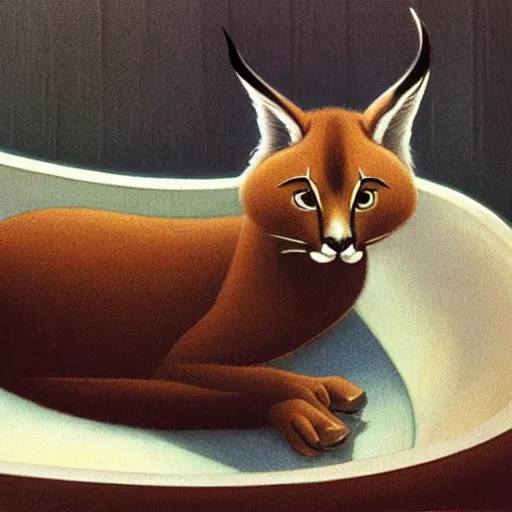 Image similar to cute caracal in bathtub, by Ralph McQuarrie