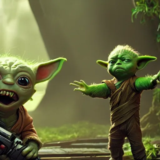 Image similar to baby Yoda Playing with Groot in guardians of the Galaxy 4k detailed super realistic
