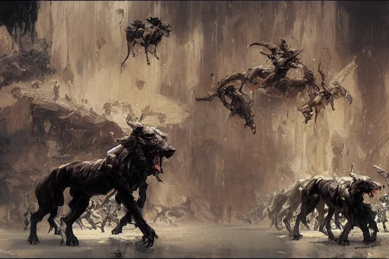 Prompt: hyperdetailed matte art of cerberus by ilya repin, amano, salvador dali, craig mullins