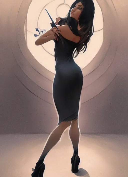 Image similar to gorgeous michi wearing a black tight dress, nice body figure, digital painting, artstation, concept art, sharp focus, illustration, art by artgerm and greg rutkowski and alphonse mucha