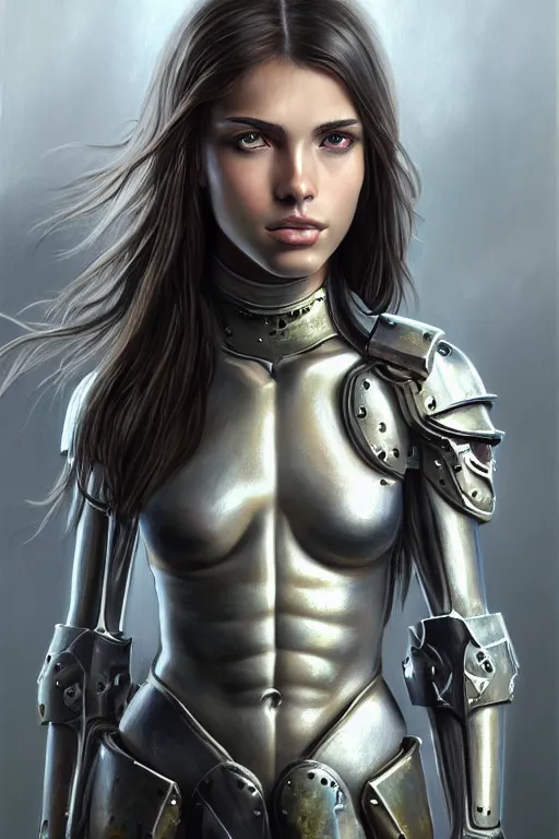 Image similar to a photorealistic painting of an attractive young girl, partially clothed in dull metal-plated battle armor, olive skin, long dark hair, beautiful bone structure, symmetric facial features, perfect eyes, intricate, elegant, slim muscular body, natural physique, digital painting, concept art, finely detailed, illustration, sharp focus, minimal artifacts, from Metal Gear, by Greg Rutkowski, in the style of Ruan Jia and Mandy Jurgens and Artgerm and William-Adolphe Bouguerea, trending on Artstation, award winning