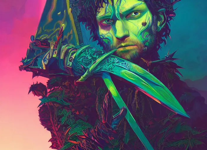 Prompt: A psychedelic portrait of cult fanatic (knights of the black sword) thorny vegepygmy , vibrant color scheme, highly detailed, in the style of romanticism, cinematic, artstation, Moebius, Greg rutkowski