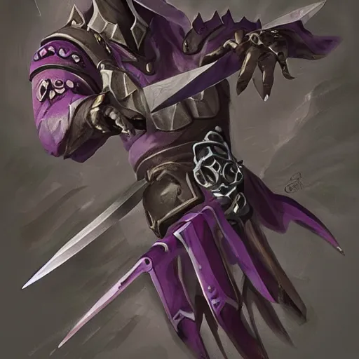 Prompt: violet daggers, dark daggers, poisonous daggers, hearthstone weapon art, by greg rutkowski