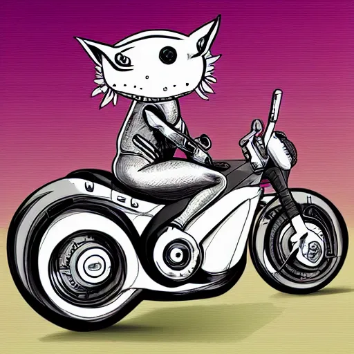 Image similar to axolotl riding a futuristic motorcycle, highly detailed, digital art