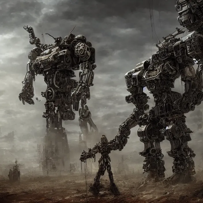 Image similar to human standing next to mech - warrior, hyper - detailed, sharp focus, 4 k ultra hd, fantasy dark art, apocalyptic art