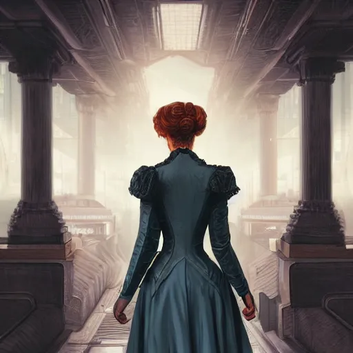 Prompt: portrait of a victorian lady in a futuristic city, from behind, streets, beautiful, highly detailed, digital painting