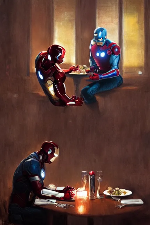 Prompt: iron man and captain america sit across from each other in a romantic restaurant, candlelit, style of greg rutkowski