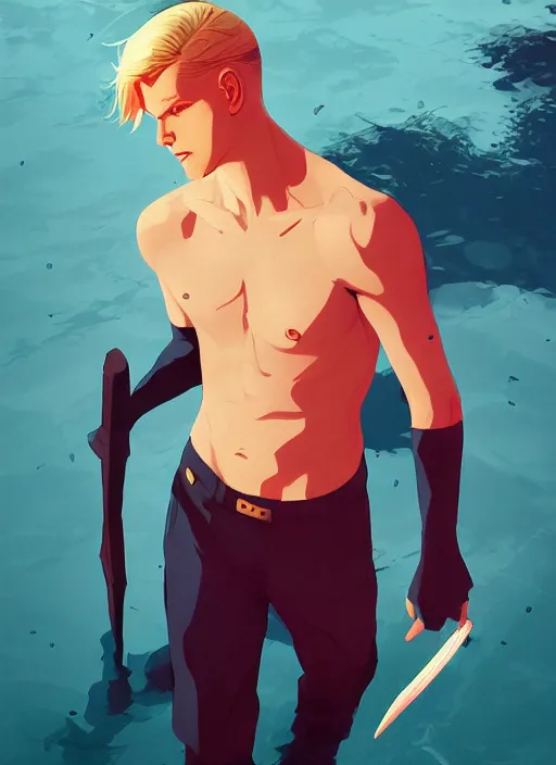 Prompt: young blonde beautiful male boy assassin walking on water, heroic, glorious, in the style of artgerm, gerald brom, atey ghailan and mike mignola, vibrant colors and hard shadows and strong rim light, plain background, comic cover art, trending on artstation