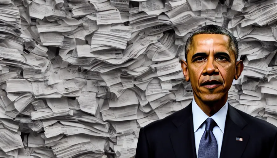 Image similar to obama nervously standing by a mountain of papers, cnn news footage, 8 k.