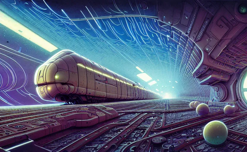 Image similar to urban train design only! 2 0 5 0 s retro future art 1 9 7 0 s science fiction borders lines decorations space machine, mech, robot. muted colors. by jean - baptiste monge, ralph mcquarrie, marc simonetti, 1 6 6 7. mandelbulb 3 d, fractal flame, jelly fish, coral, cinematic lightning