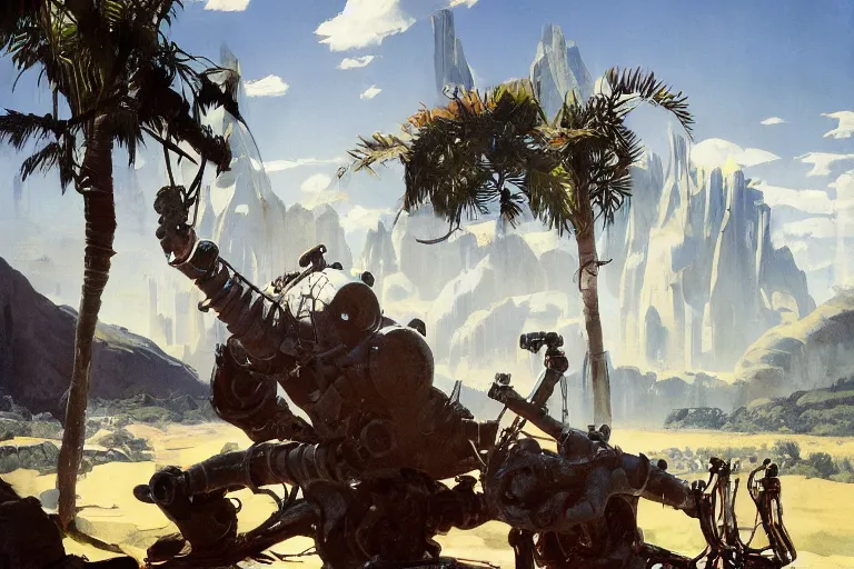 Image similar to natural american landscape | robot repairing another robot | palm trees | snowy mountains, painting by syd mead and weta studio and james jean, frank frazetta, highly detailed, rule of third, soft lighting, 8 k resolution, oil on canvas, architectural magazine, beautiful detailed, insanely intricate details, artstation trending, hypermaximalistic, high details, cinematic