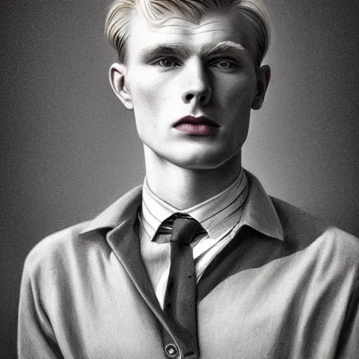 Image similar to A pencil drawing portrait of a blond young Irish man with high cheekbones. Good bone structure. Dressed in 1940s style. Highly detailed, fine Art, high detail, great lighting, 8k resolution, masterpiece, concept art, illustration, clear eyes, painting oil on canvas, octane render, HDR, trending on artstation, 4k, 8k, HD