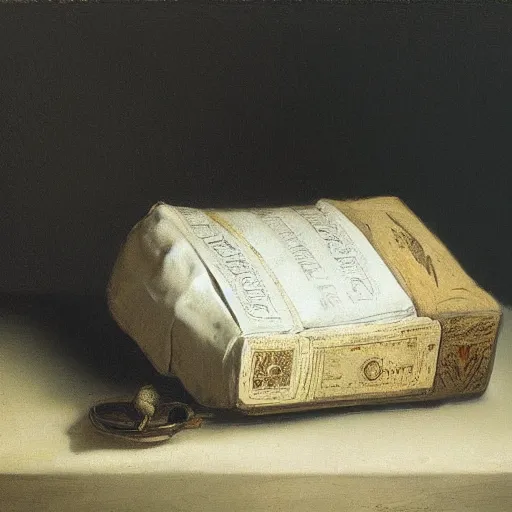 Prompt: painting of a box of tissues, still life, rembrandt, baroque, color palette, tissue box, brushstrokes